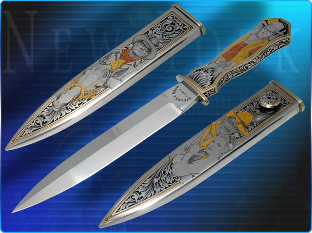 Прикрепленное изображение: Rapp's Steven California Fixed Blade Dagger ''4 Decades of John Wayne'' features steal sheath and handles beautifully engraved by Jon Robyn..jpg